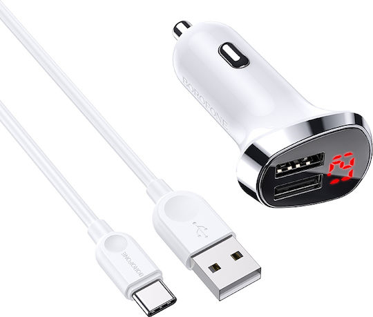 Borofone BZ15 LCD Auto-Ladegerät mit Anschlüssen: 2xUSB mit Kabel Typ-C,TC-TC und Voltmeter Weiß Farbe