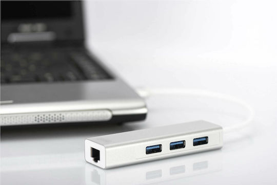 Digitus USB-Hub 3 Anschlüsse USB 3.0 mit USB-A Anschluss / Ethernet Silber