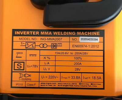 Ingco MMA2007 Welding Torch Inverter 200A (max) Electrode (MMA)