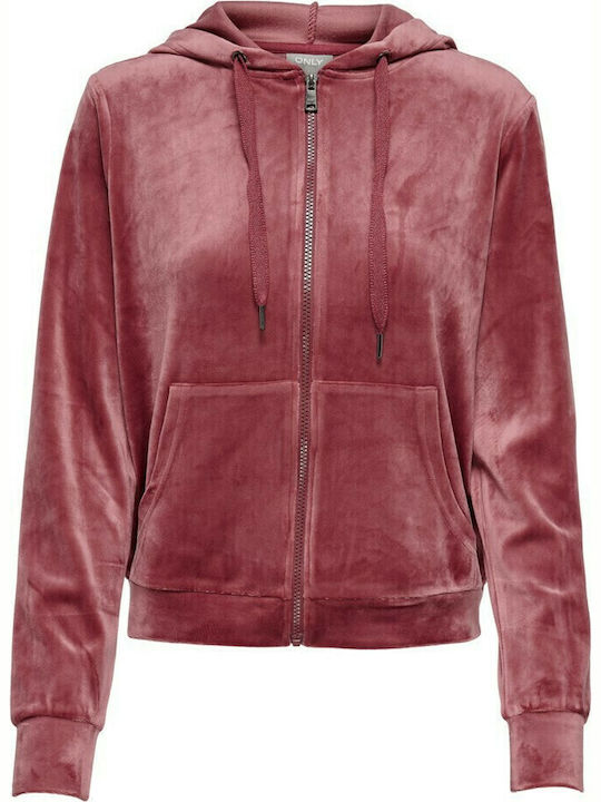 Long Women's Sweatshirt Jacket Velvet Hooded Oxblood Red