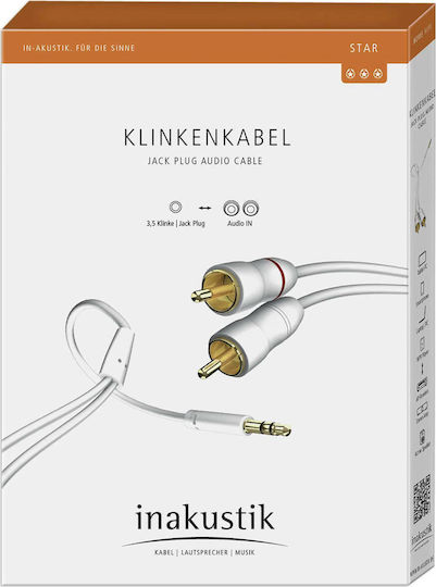 Inakustik 3.5mm Male To RCA Male Audio Cable White 0.5m With Gold Plated Terminals 003100005