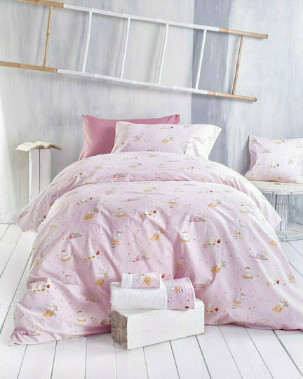 Rythmos Single Set with Elastic Band Symbol Hippo Pink 105x205cm