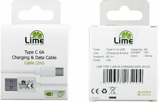 Lime L02 USB 2.0 Cable USB-C male - USB-A Λευκό 2m 280787