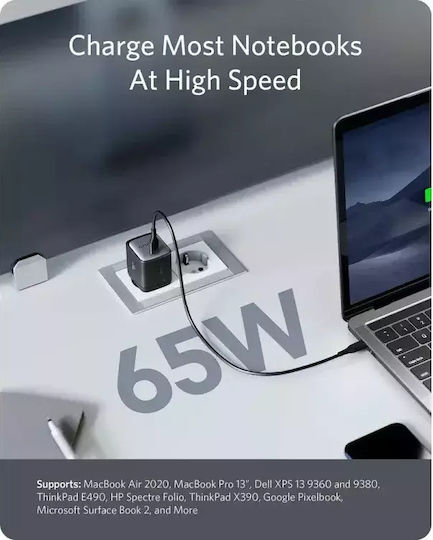 Anker Anker GaN Kabeloser Wand-Adapter mit USB-C Ausgangsanschlüssen 65W Stromlieferung Schwarz (Nano II)