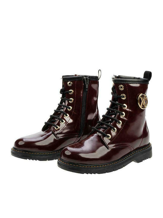 Scarpy Kids Patent Leather Anatomic Military Boots with Zipper Burgundy