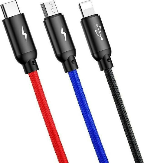 Baseus Three Primary Colors 3-in-1 Braided USB to Lightning / micro USB / Type-C Cable 3.5A Μαύρο 0.3m (CAMLT-ASY01)