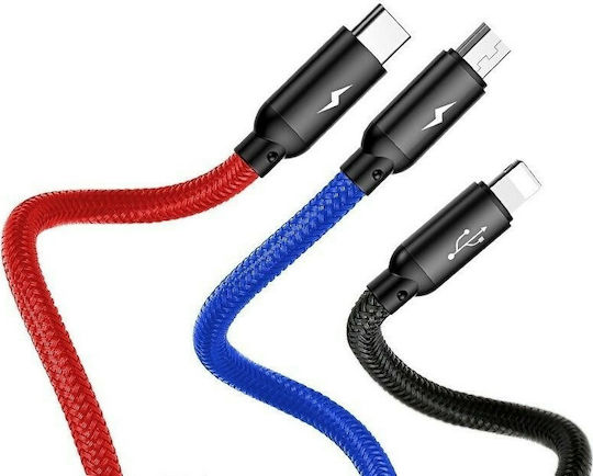 Baseus Three Primary Colors 3-in-1 Braided USB to Lightning / micro USB / Type-C Cable 3.5A Μαύρο 0.3m (CAMLT-ASY01)