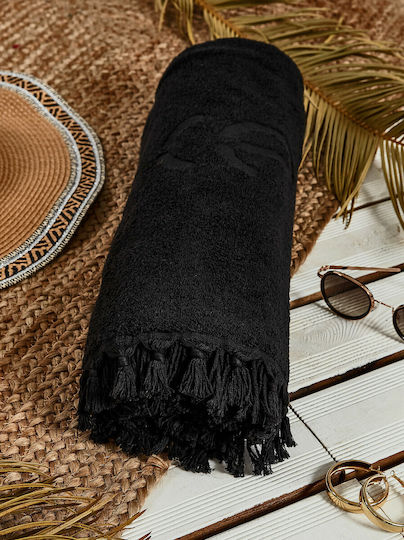 Celestino Cotton Black Beach Towel with Fringes 180x80cm