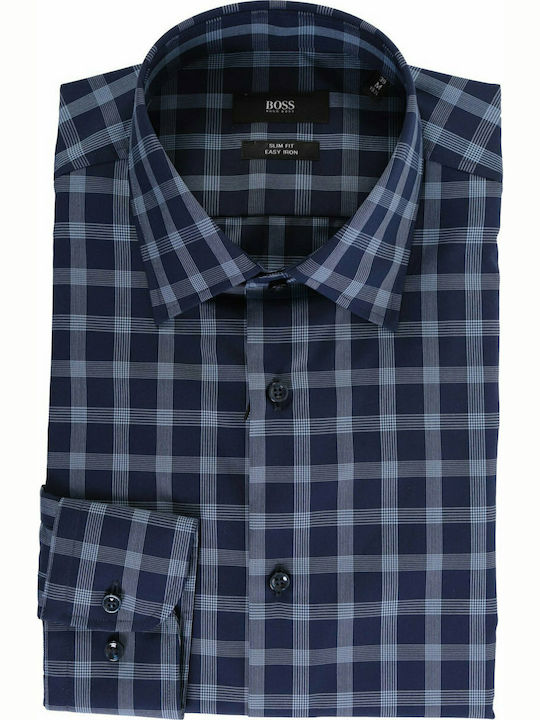 Hugo Boss Men's Shirt Long Sleeve Cotton Checked Blue