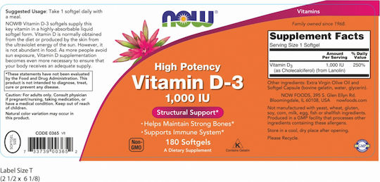 Now Foods Vitamin D-3 Vitamina pentru Întărirea Sistemului Imunitar & Sănătatea Oaselor 1000iu 180 softgels