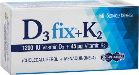 UNI-PHARMA D3 Fix + K2 Βιταμίνη για Ενίσχυση του Ανοσοποιητικού & την Υγεία των Οστών 1200iu 45mcg 60 ταμπλέτες