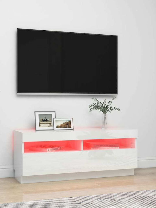 Έπιπλο TV din lemn masiv cu Iluminare LED Λευκό Γυαλιστερό M100xΠ35xΥ40cm