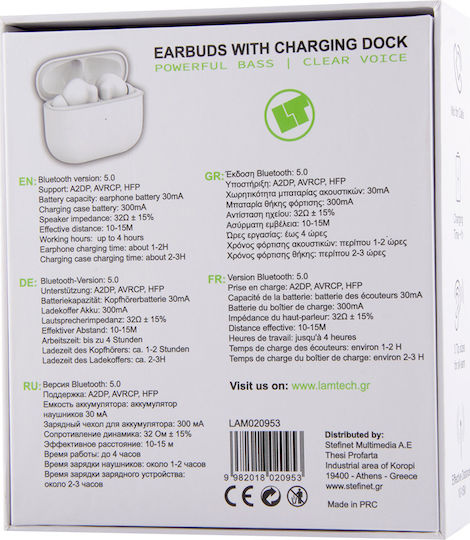 Lamtech LAM020953 Earbud Bluetooth Handsfree Ακουστικά με Θήκη Φόρτισης Λευκά