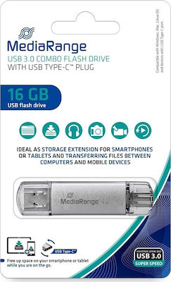 MediaRange 16GB USB 3.0 Stick cu conexiune USB-A & USB-C Argint