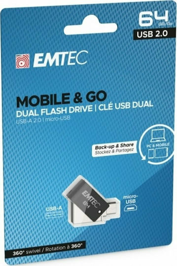 Emtec Dual 64GB USB 2.0 Stick mit Verbindung USB-A & Micro-USB-B Schwarz