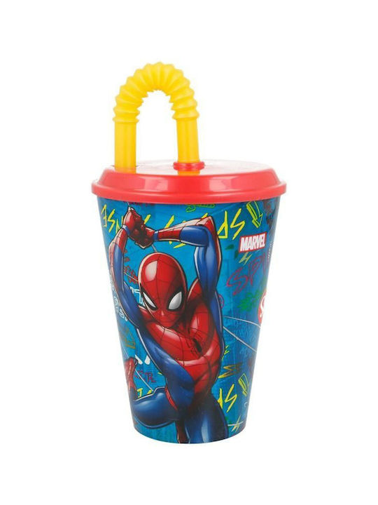 Stor Marvel - Spiderman Glass Water made of Plastic with straw 430ml 1pcs