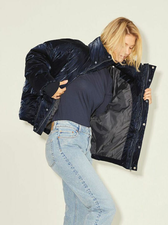 Jxsaga Shine Women's Short Puffer Jacket for Winter Navy Blue