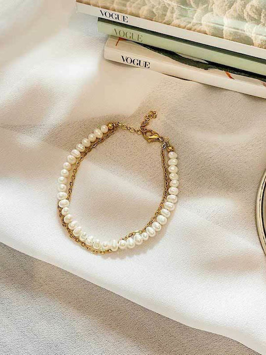 Brățară dublă din oțel inoxidabil și perle Awear Jesse Gold Double Bracelet in Stainless Steel and Pearls