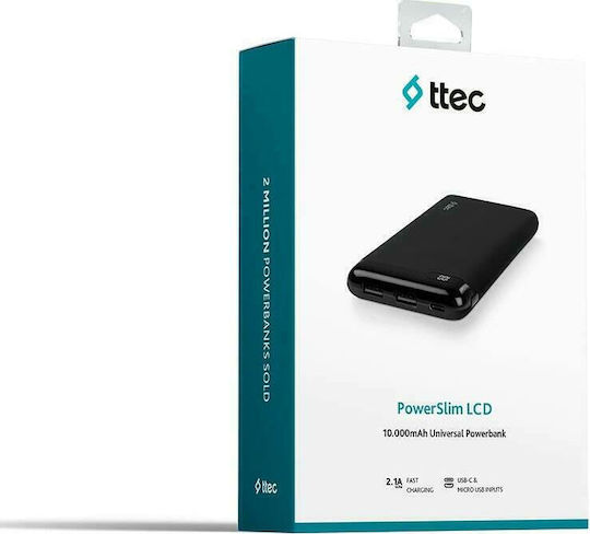 TTEC PowerSlim LCD 10000mAh με 2 Θύρες USB-A και Θύρα USB-C Μαύρο