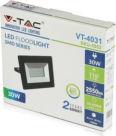 V-TAC Στεγανός Προβολέας LED 30W Θερμό Λευκό 3000K IP65