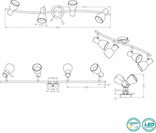 Trio Lighting Levisto Σποτ με 4 Φώτα και με Ντουί E14 σε Κίτρινο Χρώμα