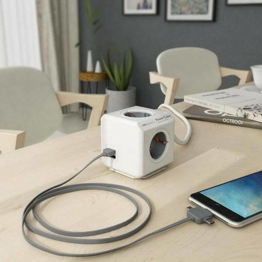 Allocacoc Extended PowerCube 4 Positions with 2 USB-A and Cable 1.5m Gray