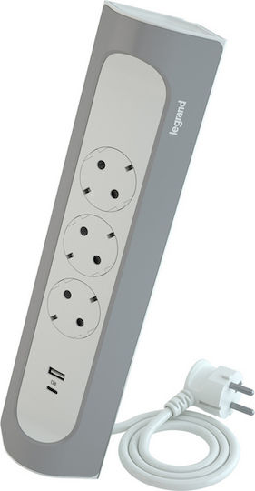 Legrand Corner Πολύπριζο 3 Θέσεων με 1 USB-A, 1 USB-C και Καλώδιο 1m Ασημί