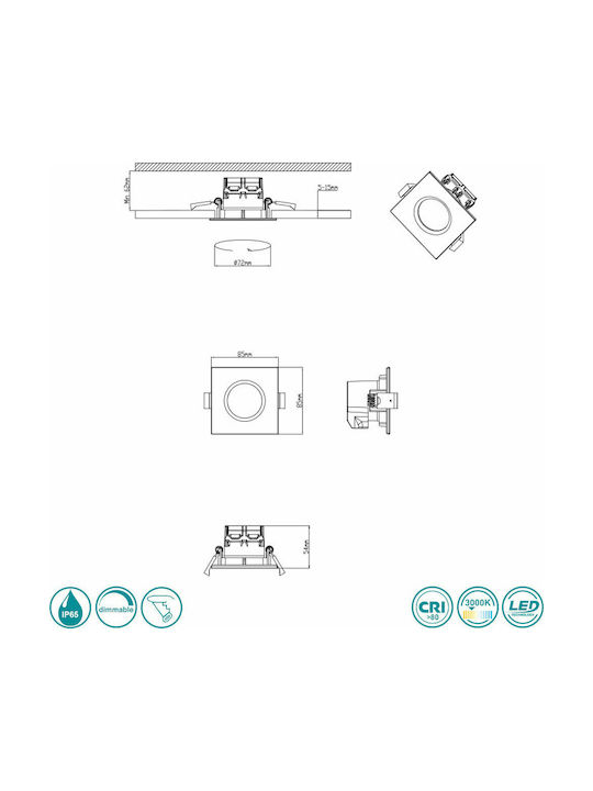 Trio Lighting Zagros Square Metallic Recessed Spot with Integrated LED and Warm White Light Silver 5x5cm. 1pcs