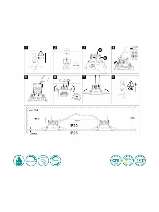 Trio Lighting Pamir Τετράγωνο Μεταλλικό Χωνευτό Σποτ με Ενσωματωμένο LED και Θερμό Λευκό Φως Μαύρο 8.5x8.5εκ.