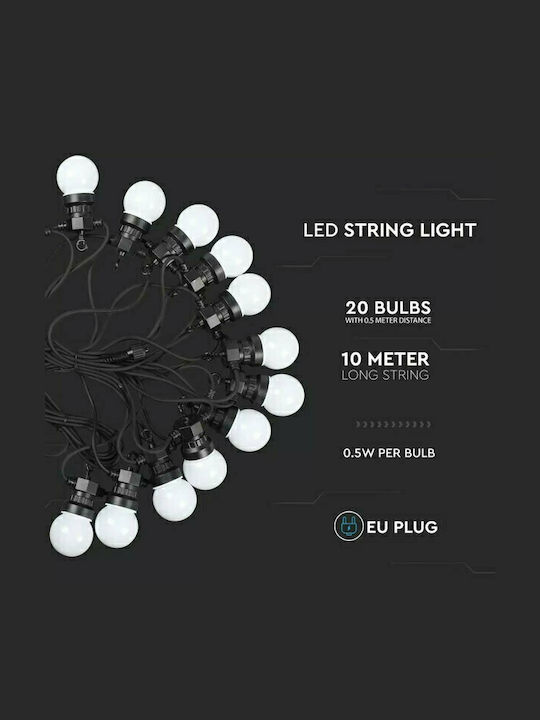 V-TAC Στεγανή Γιρλάντα Φωτισμού LED IP44 10m με 20 Λάμπες Ψυχρό Λευκό