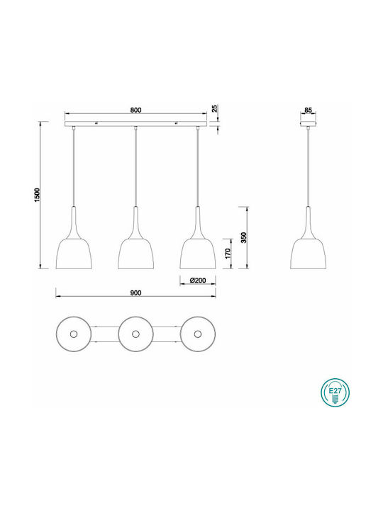 Trio Lighting Chiron Hängelampe Kupfer Schiene mit Fassung E27 90x20x20cm.