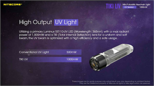 NiteCore Rechargeable Keychain Flashlight LED UV IP66 with Maximum Brightness 70lm TIKI UV Silver