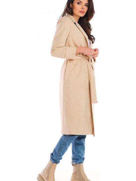 Awama Women's Midi Coat with Belt Beige