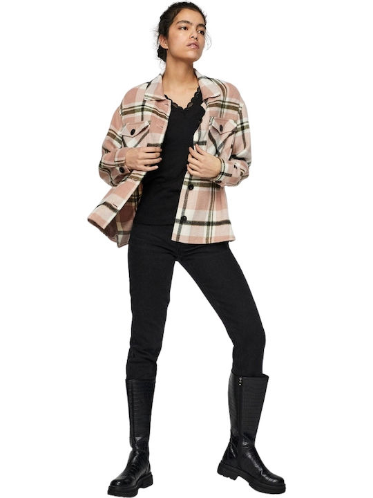 Women's Checked Misty Rose Peacoat with Buttons