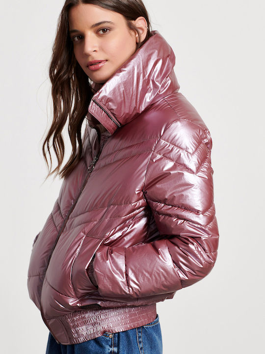 Κοντό Γυναικείο Puffer Μπουφάν για Χειμώνα Rose Brown
