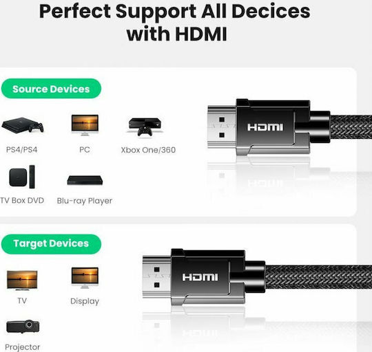 Ugreen HDMI 2.1 Ultra High Speed 48Gbps 4K 120Hz HDR VRR Braided Cable HDMI male - HDMI male 3m Μαύρο