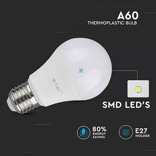 V-TAC VT-2099 Λάμπα LED 9W 112mm για Ντουί E27 και Σχήμα A60 Ψυχρό Λευκό 806lm