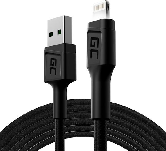 Green Cell Cell Ray USB-A Braided / LED USB-A la Cablu Lightning Negru 2m (KABGC12)