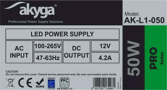 Akyga Τροφοδοτικό LED IP20 Ισχύος 50W με Τάση Εξόδου 12V