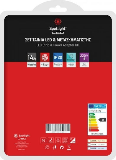 Spot Light Ταινία LED 12V Φυσικό Λευκό Φως 5m Τύπου SMD5050 με Τροφοδοτικό & Τηλεχειριστήριο