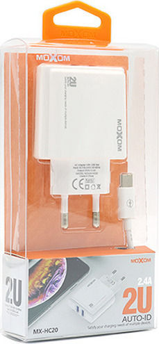Moxom Charger with 2 USB-A Ports and Cable micro USB Whites (MX-HC20)