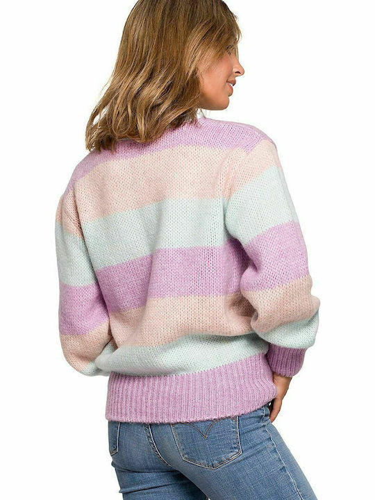 BE Knit BK071 Women's Long Sleeve Sweater Woolen Striped Lilac/Pink/Mint