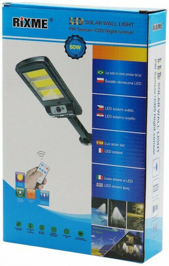 Rixme Ηλιακό Φωτιστικό Δρόμου 50W με Αισθητήρα Κίνησης, Φωτοκύτταρο και Τηλεχειριστήριο IP67
