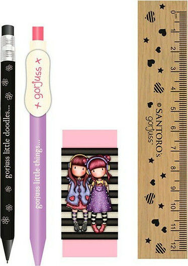 Santoro The Duet Kinder Schreibwarenset mit Radiergummi, Notizbuch, Mechanischer Bleistift und Lineal The Duet 5Stück