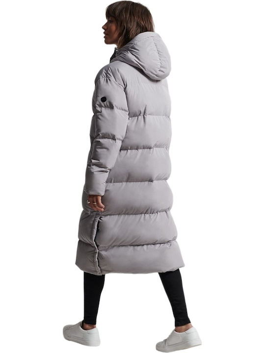 Superdry Women's Long Puffer Jacket for Winter with Hood Gray