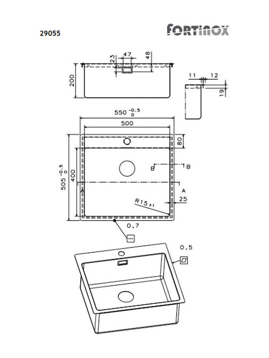 Fortinox Squadro 29055-110 Drop-In Chiuvetă Inox Satinat L55xW50.5cm Argintiu