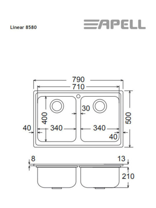 Apell Linear 8580 Drop-In Kitchen Inox Satin Sink L79xW50cm Silver