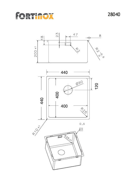 Fortinox Squadro 28040 108-28040-110 Undermount Sink Inox Satin W44xD44cm Silver