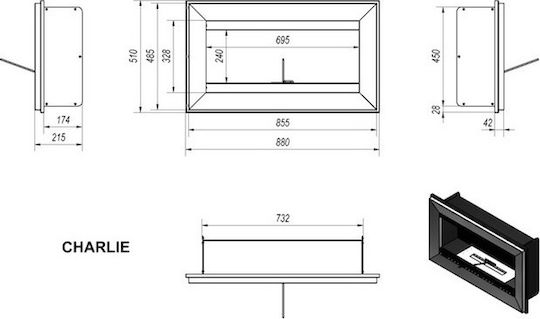 Kratki Charlie Tuv Indoor Wall Mounted Bioethanol Fireplace Black 88x21.5x51cm