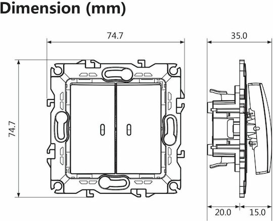 Aca Prime Recessed Double Wall Switch Without Frame Matte Champagne